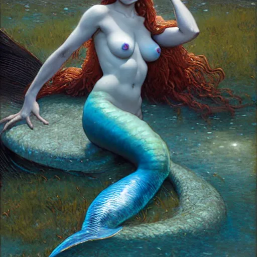 Prompt: jada fire as a beautiful mermaid emerging from the ocean, art by Edgar Maxence and Ross Tran and Michael Whelan