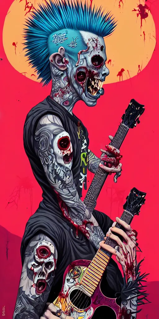 Image similar to a zombie punk rocker with a mohawk holding an acoustic guitar, tristan eaton, victo ngai, artgerm, rhads, ross draws