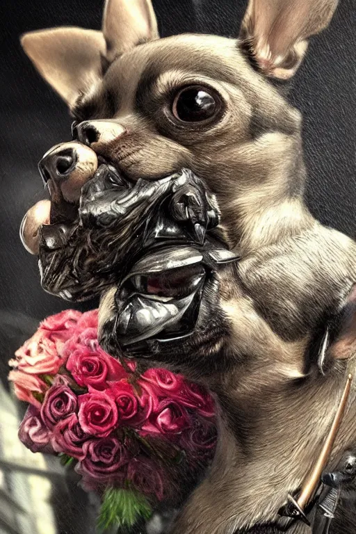 Image similar to ultra realistic illustration, beautiful statue of a chihuahua bouquet, close up shot, cyberpunk, sci-fi, fantasy, intricate, elegant, highly detailed, digital painting, artstation, concept art, smooth, sharp focus, illustration, surrealism