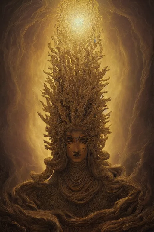 Prompt: Intricate stunning highly detailed deity by agostino arrivabene and Vladimir Kush, surreal, digital painting, ultra realistic, Horror vacui, dramatic lighting, full moon, thick black swirling smoke tornado, burning fire embers, artstation