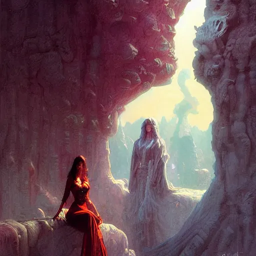 Image similar to fantasy painting with a woman in a surreal environment by Greg Rutkowski and Michael Whelan