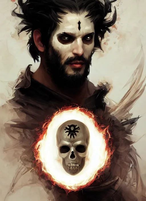 Prompt: character concept portrait of an attractive young angry Spanish wizard with pale black skin and a parital skull mask enchanting a flaming seduction spell, a floating burning spell book in the center, intricate, elegant, digital painting, concept art, smooth, sharp focus, illustration, from Metal Gear, by Ruan Jia and Mandy Jurgens and William-Adolphe Bouguereau, Artgerm