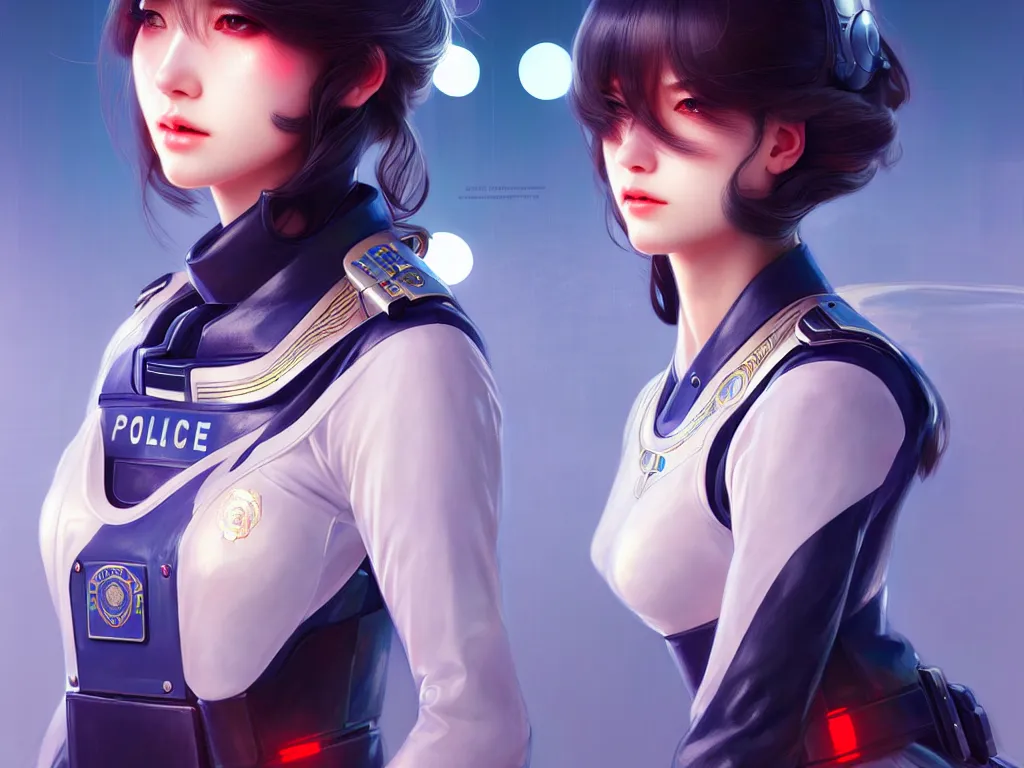 Prompt: portrait futuristic police uniform girl, at future neon light tokyo rooftop, ssci - fi and fantasy, intricate and very very beautiful and elegant, highly detailed, digital painting, artstation, concept art, smooth and sharp focus, illustration, art by tan zi and ayanamikodon and alphonse mucha and wlop