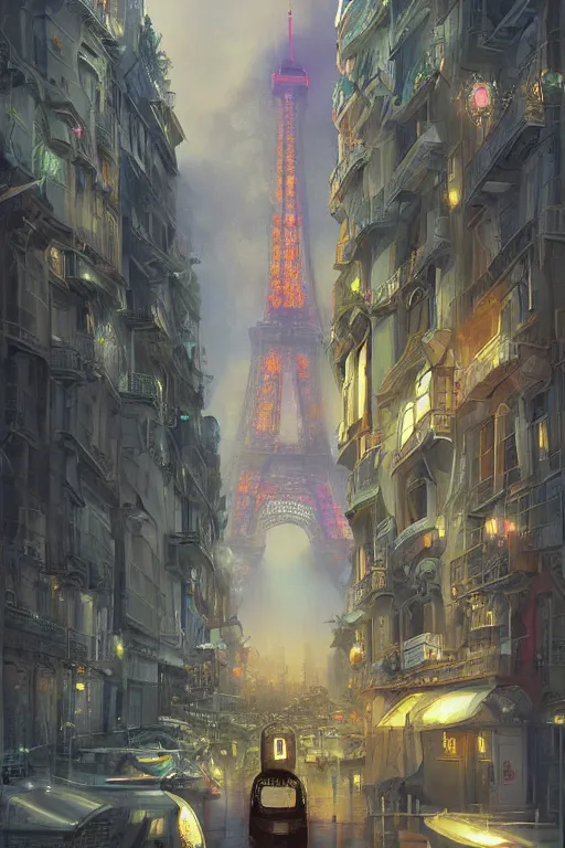 Image similar to paris in the future, robot, ultradetailed, volumetric lighting, digital painting, concept art, illustration, limited color palette, art by greg olsen and liz lemon swindle