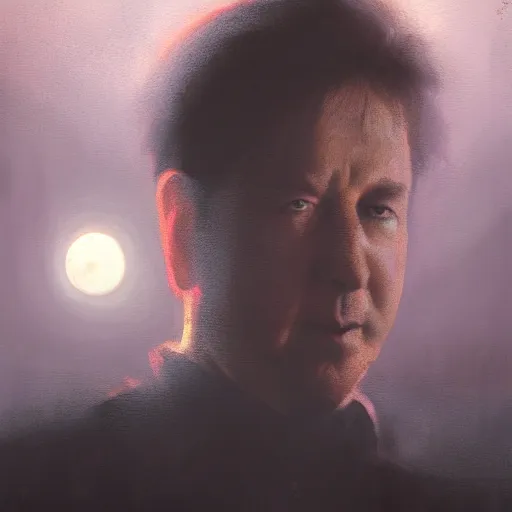 Prompt: closeup portrait of bill hicks, dramatic lighting, city background, night, moon, chiaroscuro, high detail, painted by greg rutkowski, painted by igor kieryluk, painted by bobby chiu, trending on artstation