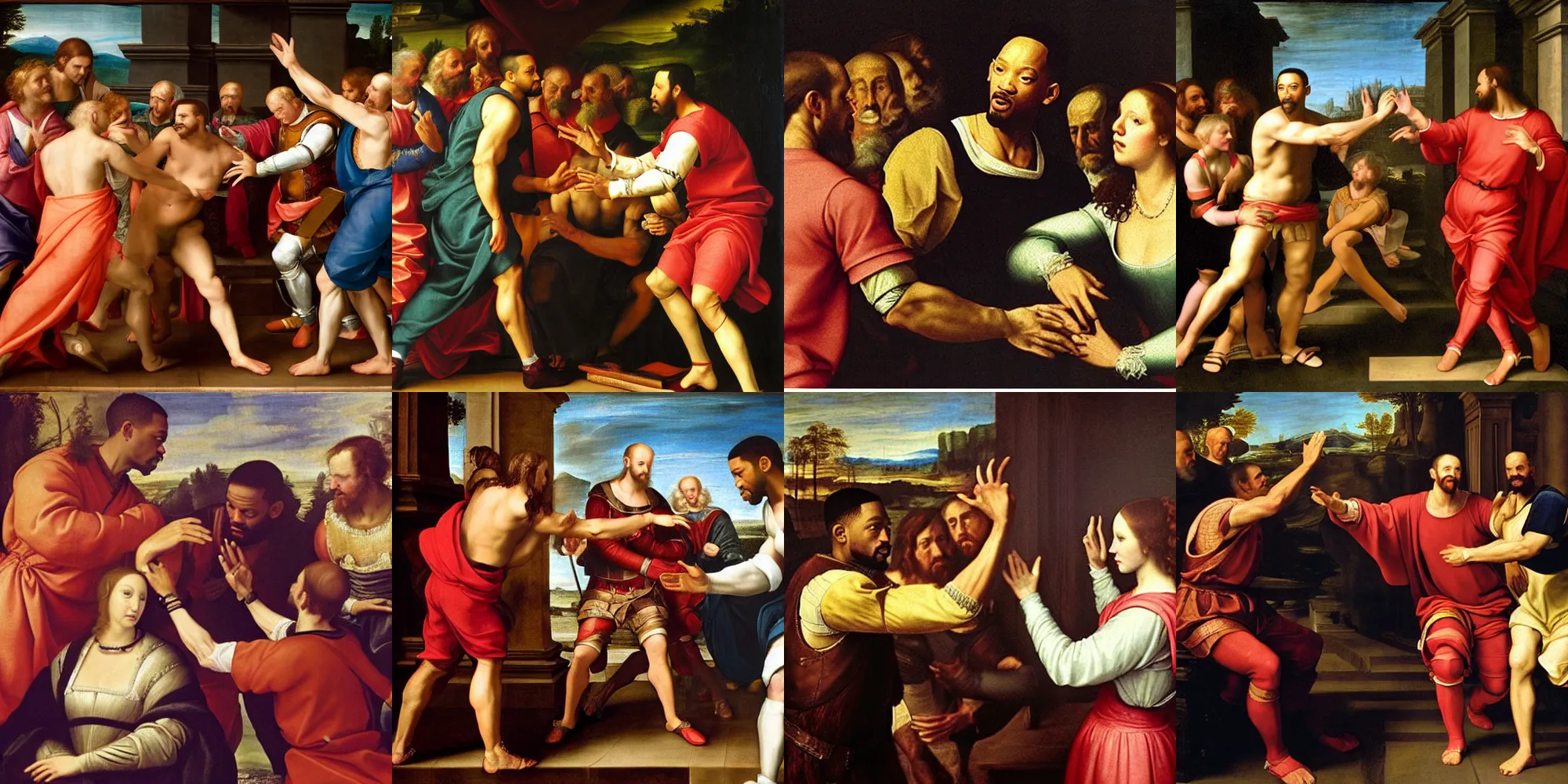 Prompt: Renaissance painting of Will Smith slapping Shakespeare 8k photo-realistic