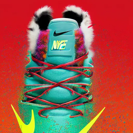 Image similar to poster nike shoe made of very fluffy colorful faux fur placed on reflective surface, professional advertising, overhead lighting, heavy detail, realistic by nate vanhook, mark miner