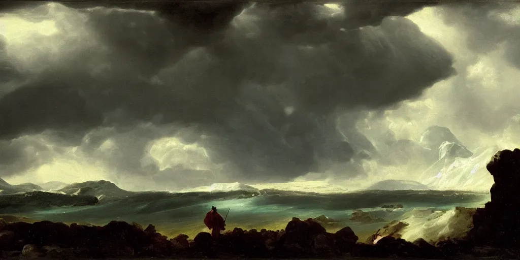 Image similar to a princess, big monster on the horizon, goya the colossus, snowy fjord, storm clouds, dramatic lighting, hudson river school, afternoon