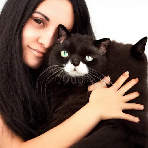 Image similar to a woman with long dark hair, big shiny dark eyes holding a cat in her arms, a stock photo by juan villafuerte and minerva j. chapman, pexels contest winner, high quality photo, rtx, hd, tumblr contest winner, anime, pretty, shiny eyes, sensual