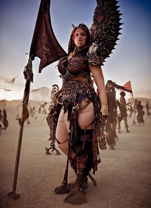 Image similar to hyper realistic photography of burningman pagan medieval festival warrior curvy partygirl cinematic, vallejo, julie bell, craig mullins greg rutkowski,