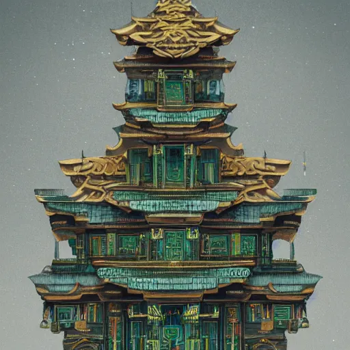 Prompt: strange temple, extreme long shot, the building is covert with glyphs and on the top of the temple big gold design intricated, hyper detailed, trending on artstation, green tones, glow