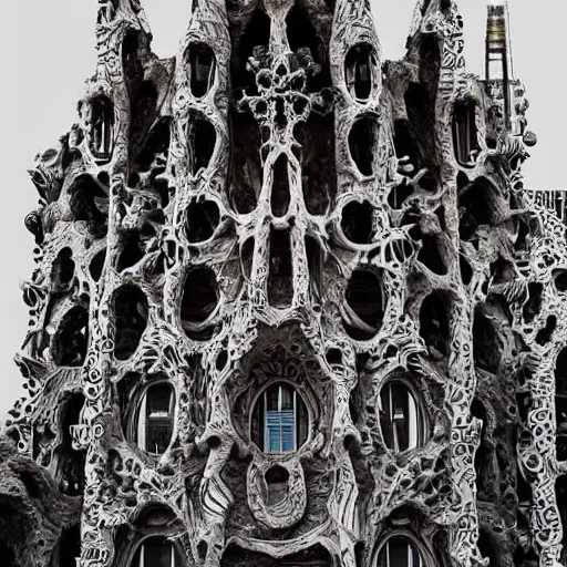 Prompt: “building made of intricate and detailed bones, designed by antoni gaudi”