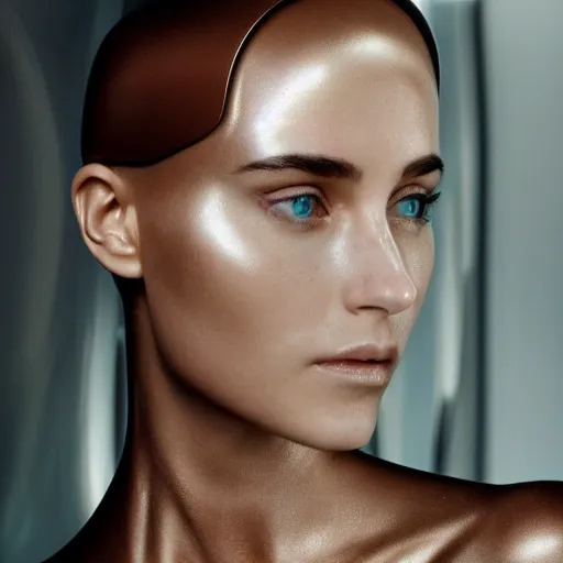 Image similar to portrait of a stunningly beautiful futuristic female robot, from the movie ex machina, depth of field, zeiss lens, detailed, symmetrical, centered, fashion photoshoot, by Annie Leibovitz and Steve McCurry, David Lazar, Jimmy Nelsson, Breathtaking, 8k resolution, extremely detailed, beautiful, establishing shot, artistic, hyperrealistic, beautiful face, octane render