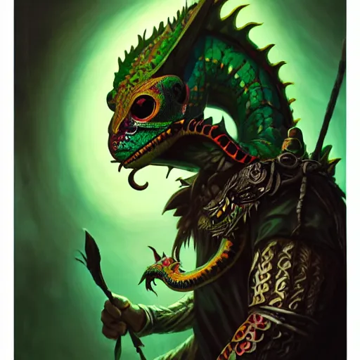 Image similar to side profile of barong family member, wiwek, mara demon, one single tribe member, jungle, one single mask, dark, ancient viking warrior, snake, dragon, green poison arrow frog, tribal, inner glow, paint by peter mohrbacher