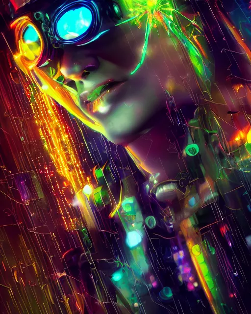 Prompt: a cyberpunk close up portrait of enchanting cyborg cruella de vil, electricity, rainbow, sparks, bokeh, soft focus, sparkling, glisten, water drops, cold, dark, geometric, temples behind her, by paul lehr, jesper ejsing