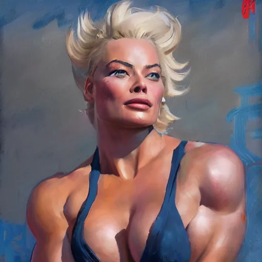 Prompt: greg manchess portrait painting of smiling margot robbie as beautiful thick muscular female bodybuilder zarya from overwatch, medium shot, asymmetrical, profile picture, organic painting, sunny day, matte painting, bold shapes, hard edges, street art, trending on artstation, by huang guangjian and gil elvgren and sachin teng