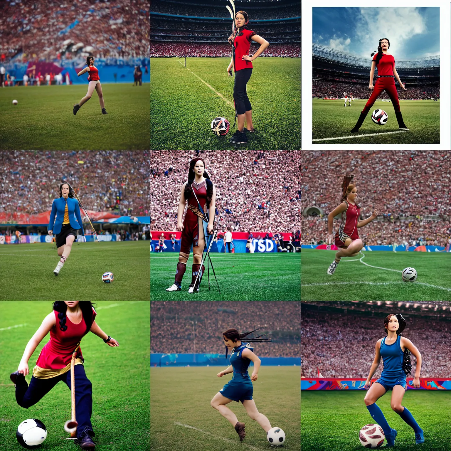 Prompt: Katniss Everdeen about to kick a ball into a goal, at the World Cup, Sigma 24 mm f/8 1/1000 sec shutter speed, candid portrait photography by Annie Leibovitz