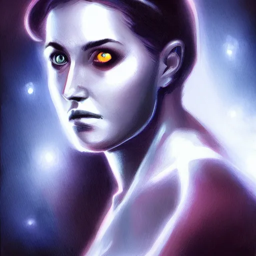 Prompt: portrait painting of a space mechanic, retrowave noir, in the style of frank cho, casey baugh and james jean, hyper realistic face, photorealistic face