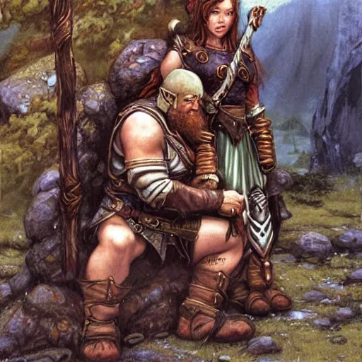 Image similar to a dwarf paladin comforting an elven female ranger. Grimdark fantasy art by Gerald Brom