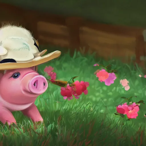 Image similar to cute and adorable little piggy pig doing some gardening wearing a cute hat, highly detailed, digital painting, artstation, concept art, smooth, sharp focus, illustration, art by yee chong and sydney hanson