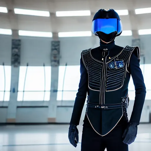 Prompt: medium face shot of adult Austin Butler dressed in black-prussian blue futuristic-tudoresque clothing with embroidered-Ram-emblem, and nanocarbon-vest, in an arena in Dune 2021, XF IQ4, f/1.4, ISO 200, 1/160s, 8K