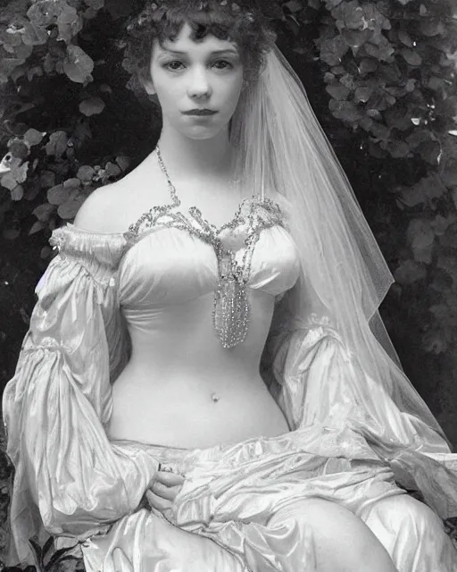 Prompt: young 1 8 - year old christina hendricks wearing an iridescent wedding dress covered in pearls, highly detailed, intricate, by bouguereau, alphonse mucha, and donato giancola