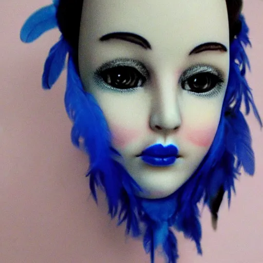 Prompt: surreal art of porcelain doll face on a ballerina body with blue feather in background, retro