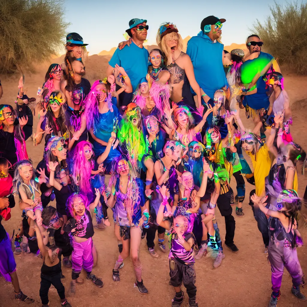 Image similar to family rave in the desert with diverse ages and ethnicities, XF IQ4, 150MP, 50mm, F1.4, ISO 200, 1/160s, dawn