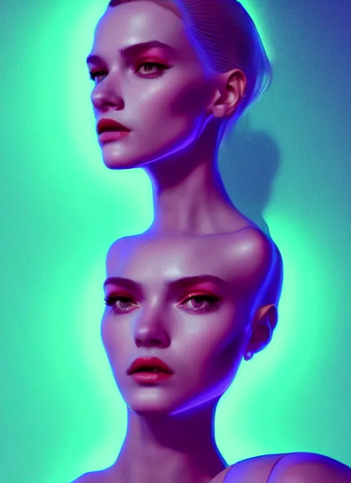 Image similar to photorealistic portrait of female humanoid, cyber neon lights, highly detailed, retro 6 0 s haute couture fashion, elegant, crispy quality, trending in artstation, trending in pinterest, glamor pose, no signature, no watermark, cinematic, art by pascal blanche