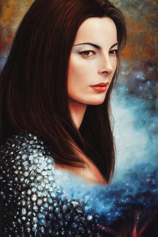 Image similar to hyperrealism oil painting, close - up portrait of carole bouquet medieval brunette vampire fashion model, knight, steel gradient mixed with nebula sky, in style of baroque