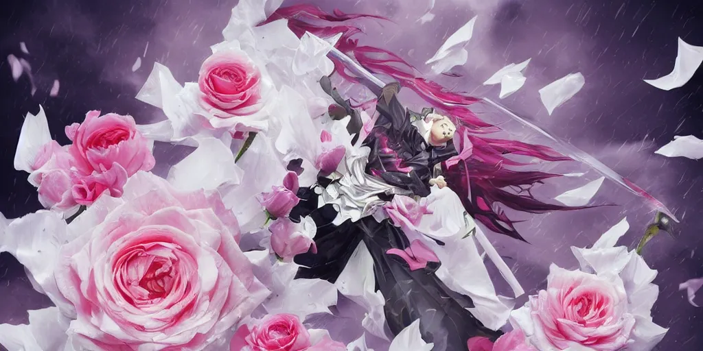 Image similar to floating flying longswords slicing through a bouquet of white and pink roses, flowers exploding and spraying, big puffy clouds, sharp rain, large rose petals, lotus petals, large polygonal background elements, large polygons, dramatic anime, dramatic lighting, artgerm, manga, trending on artstation, art nouveau, mature colors