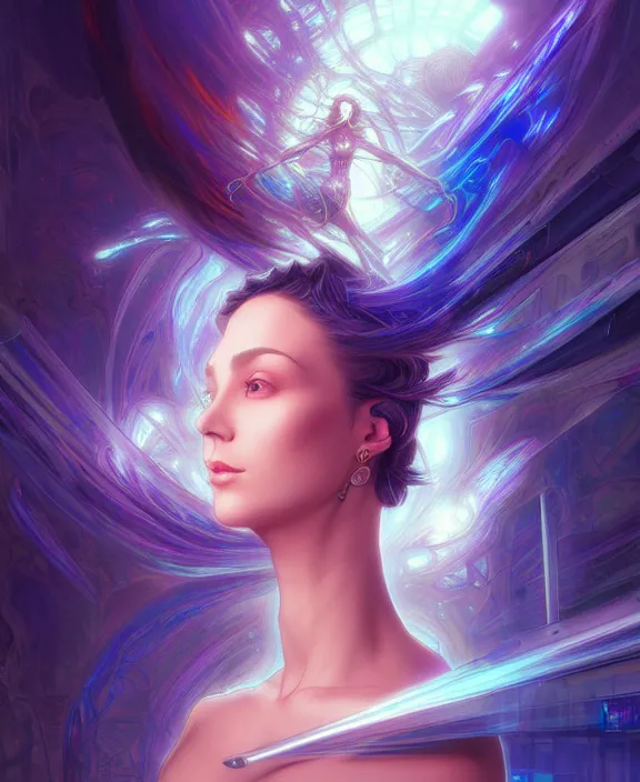 Image similar to a whirlwind of souls rushing inside the metaverse, hologram, half body, neurochip, shaved temple, piercing, jewelry, android, cyborg, cyberpunk face, by loish, d & d, fantasy, intricate, elegant, highly detailed, colorful, digital painting, artstation, concept art, art by artgerm and greg rutkowski and alphonse mucha