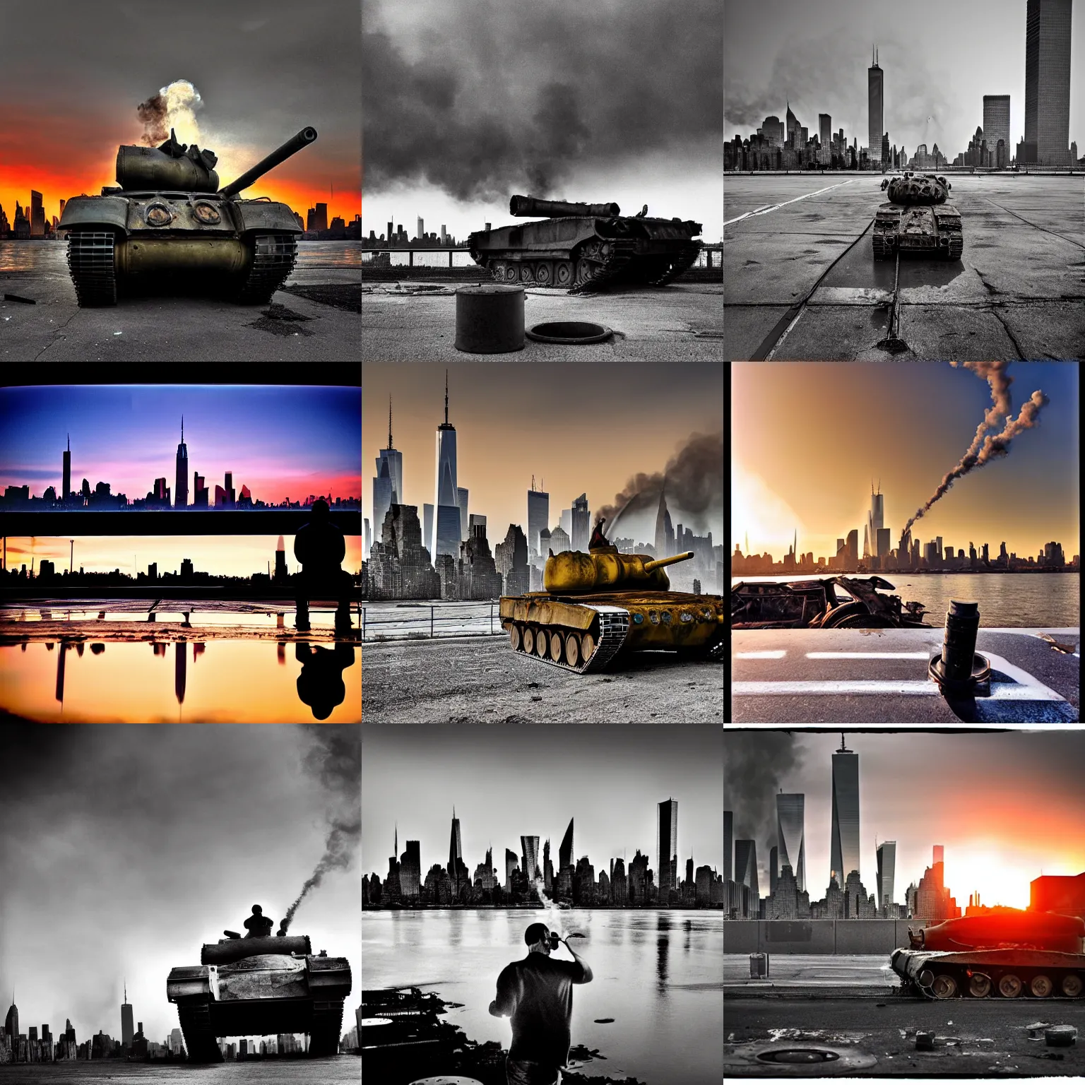 Prompt: destroyed tank in front of the new york skyline, smoking and burning, reflections, award winning photograph, sunset, vanishing point, desolate, atmospheric