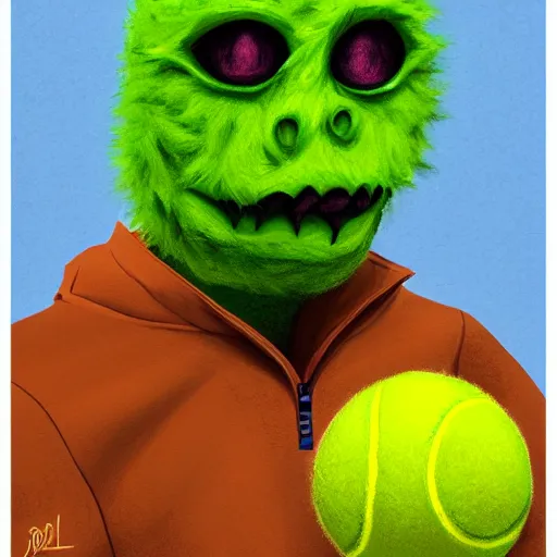 Prompt: a tennis ball monster, tennis ball, dark, chalky, referee, whistle, digital art, fantasy, magic, trending on artstation, ultra detailed, professional illustration by Basil Gogos