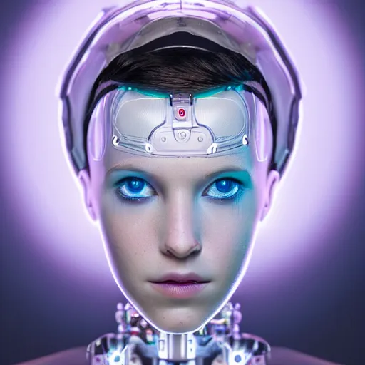 Image similar to beautiful centered Fine art photo portrait of adult Millie Bobby Brown as a solarpunk robotic humanoid, white mechanical parts with led lights, photorealistic, white background, highly detailed and intricate, sunset lighting, HDR 8k