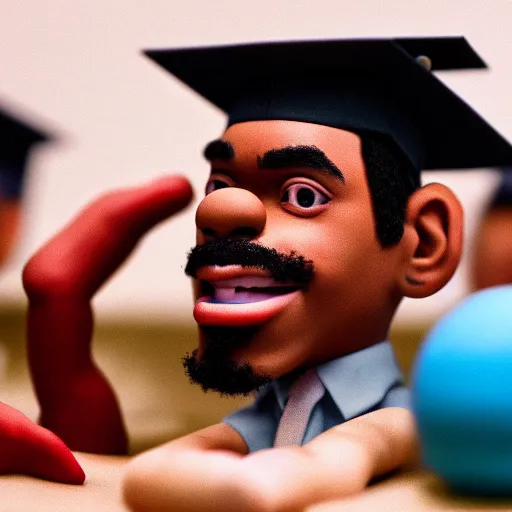 Image similar to a cinematic film still of a claymation stop motion film starring chance the rapper as a college student, shallow depth of field, 8 0 mm, f 1. 8