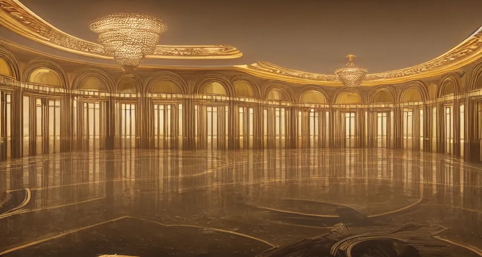 Prompt: an incredibly beautiful scene from a 2 0 2 2 marvel film featuring an art deco palace during a hurricane. recessed lights. large windows. lightning. golden hour. 8 k uhd.