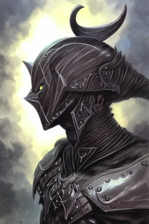 Prompt: head and shoulders portrait of an eldrich knight, drow, dark elf, shadar kai, armored, magical, male, black cat familiar, high fantasy, d & d, by boris vallejo, face details, extremely detailed, digital illustration