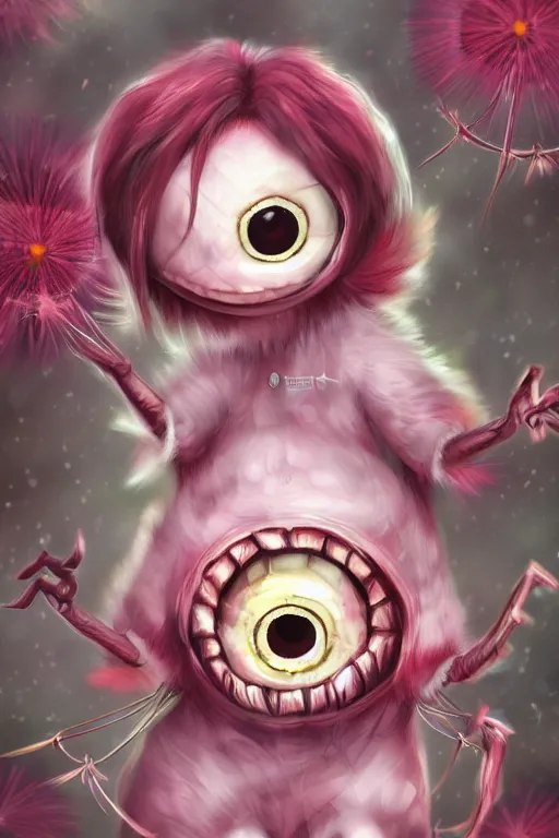 Image similar to a humanoid figure dandelion raspberry monster, large eyes and menacing smile, highly detailed, digital art, sharp focus, trending on art station, anime art style