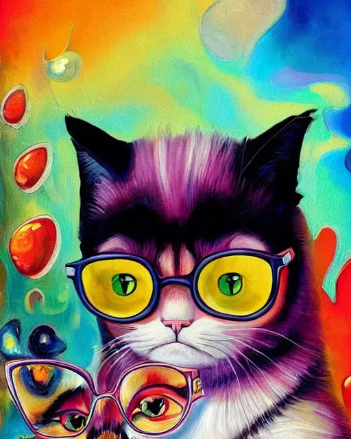 Prompt: a painting of a woman with vintage glasses holding a cat, a pop art painting of a girl by mahmoud farshchian, rhads, lisa frank, clint cearley, directed gaze, organic acrylic flow art, grumpy cat, featured on deviantart, psychedelic fractal art, acrylic art, watercolor, psychedelic