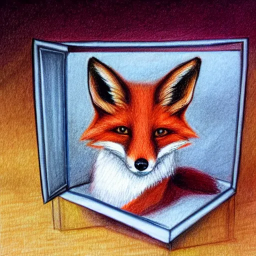 Prompt: a fox inside a box, pencil drawing, award winning, highly detailed