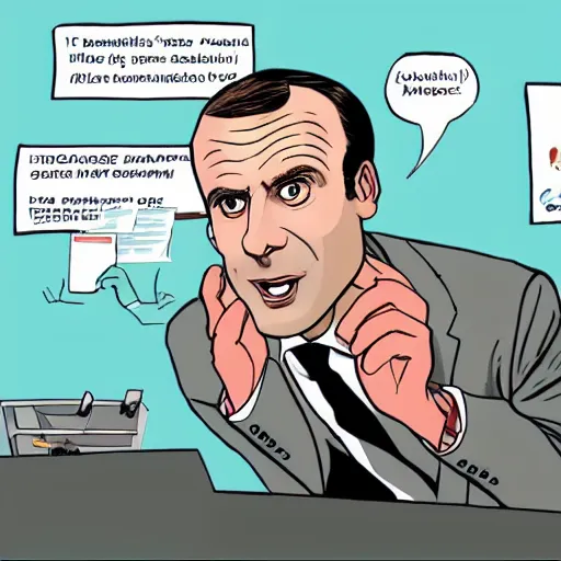 Image similar to emmanuel macron in a comic, presentation of his new program