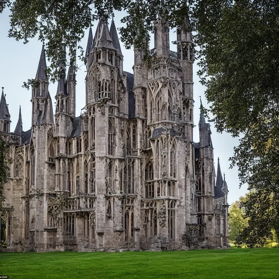 Image similar to a Tudor style village in the shadows of an enormous Gothic Revival architecture castle in a lovely meadow at dusk