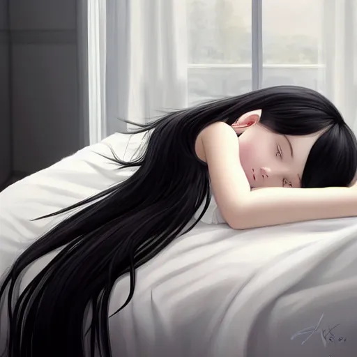 Prompt: room with an amount of photos retracting an little girl with an long black hair dressed in a simple white dress sleeping, anime art style, digital art ilya kuvshinov, inspired by balthus, hd, 4 k, hyper detailed, dark, anatomically correct, angelic face