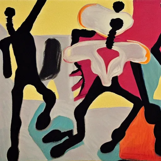 Prompt: dancing skeletons inspired by matisse dancers, painted by francis bacon,