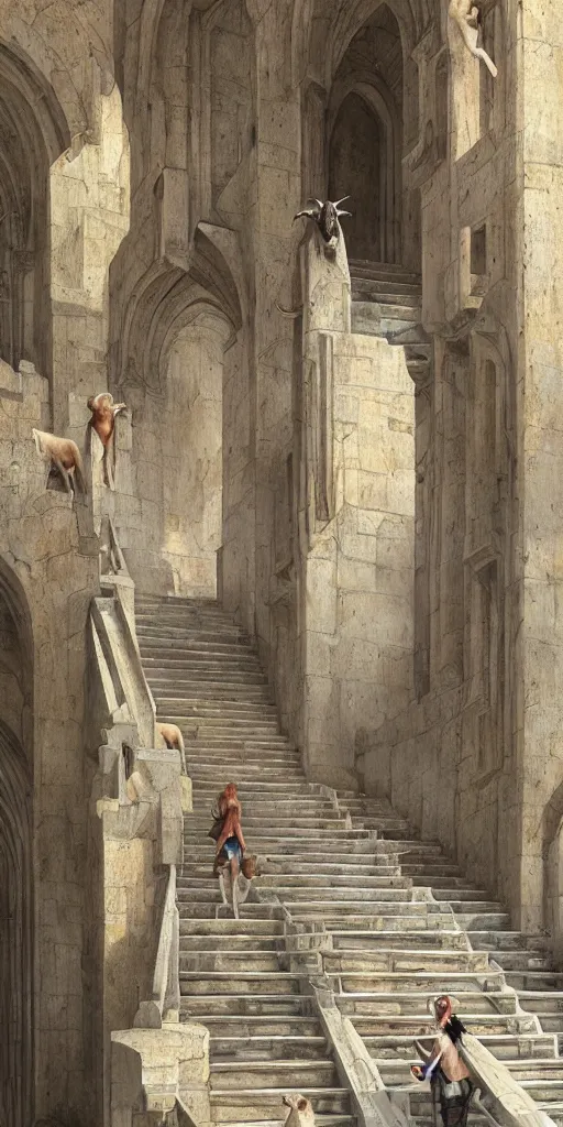 Prompt: a herd of goats!! climbing stairs in a beautiful fantasy castle made from white stone and bright copper, medieval city, metropolis, magic, tall towers, sunlight, white marble, god rays, digital art, landscape, fantasy art, octane render, unreal engine, high detail, very realistic, by greg rutkowski. by james gurney