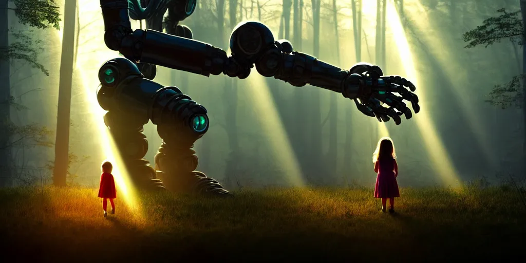 Image similar to sci - fi scene future new york, little girl holding a hand of a big robot, forest punk, crepuscular rays, epic scene, hyper realistic, photo realistic, overgrowth, cinematic atmosphere, ethereal lighting,