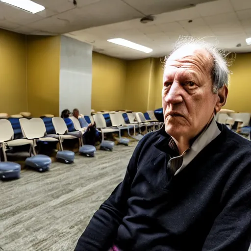 Image similar to werner herzog sits surrounded by empty chairs in the waiting area of the dmv. ultra wide angle, wes anderson, award winning, hyperrealistic, grand budapest hotel, studio lighting, very detailed face, 4 k
