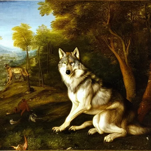 Image similar to A portrait of a wolf, by Jan Brueghel the Elder, Thomas Cole, and Carl Friedrich Deiker