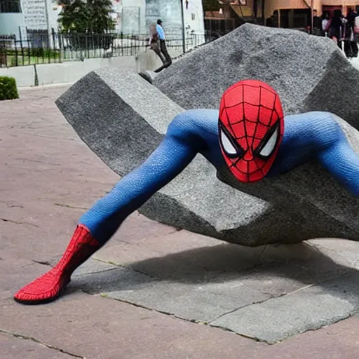 Prompt: rock sculpture of spiderman in a public square